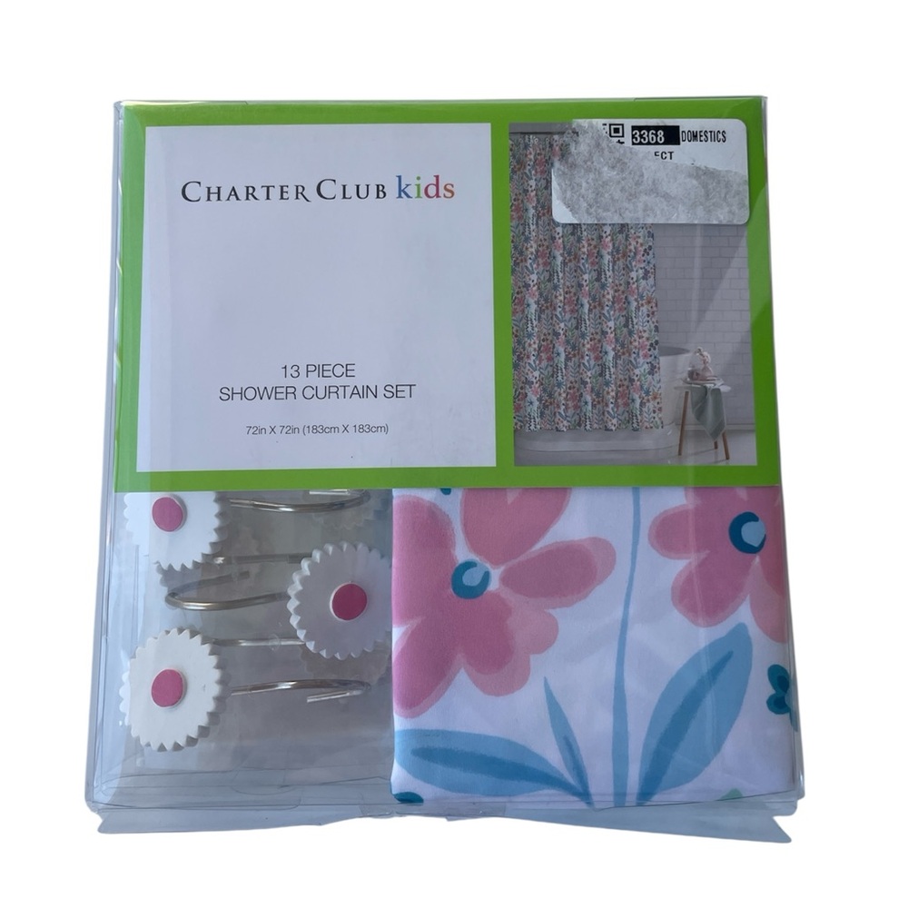 Charter Club Kids 13 Piece Floral Shower Curtain Hook Set Pink Blue 72"X72" NIB